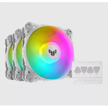 Oro aušintuvas ASUS TUF GAMING TF120 ARGB WHITE EDITION — 3×120 mm ventiliatoriai, 1900 RPM, 29 dB, nuotolinio valdymo pultelis