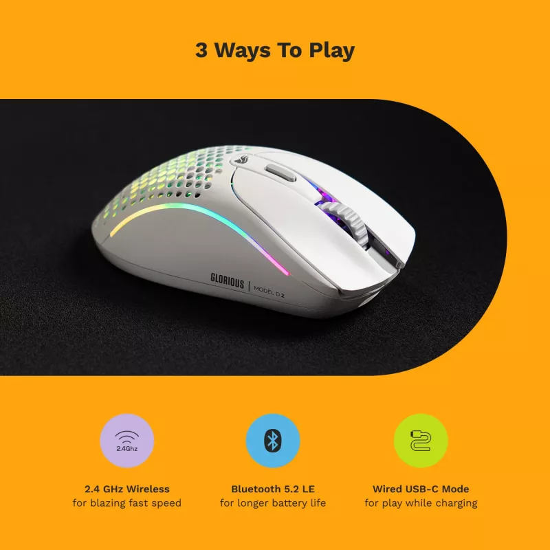 Glorious Gaming Model D 2 Wireless belaidė pelė, matinė balta, dešinei rankai