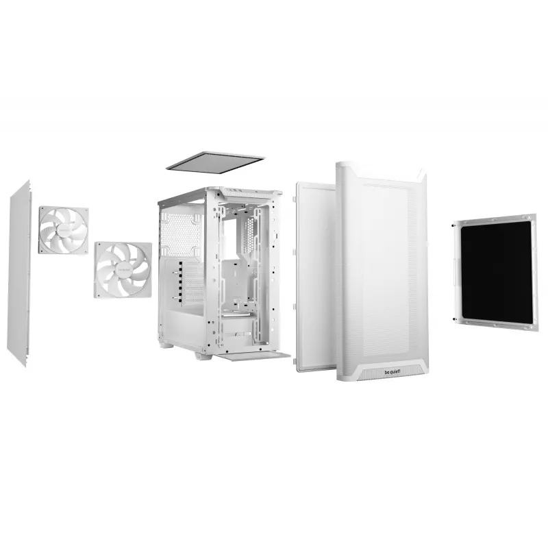 PC korpusas be quiet! PURE BASE 501 Airflow Midi bokštas Baltas — ATX, 3×140mm priekyje, 1×140mm gale, 5×2,5 colio, 2×3,5 colio, USB‑C, PWM palaikymas