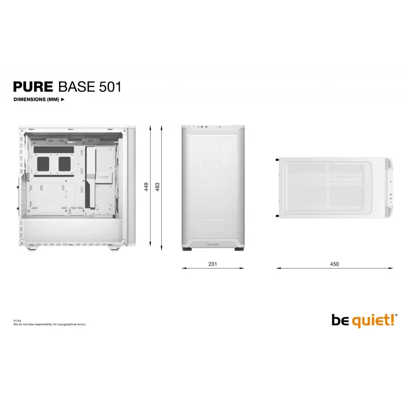 PC korpusas be quiet! PURE BASE 501 Airflow Midi bokštas Baltas — ATX, 3×140mm priekyje, 1×140mm gale, 5×2,5 colio, 2×3,5 colio, USB‑C, PWM palaikymas
