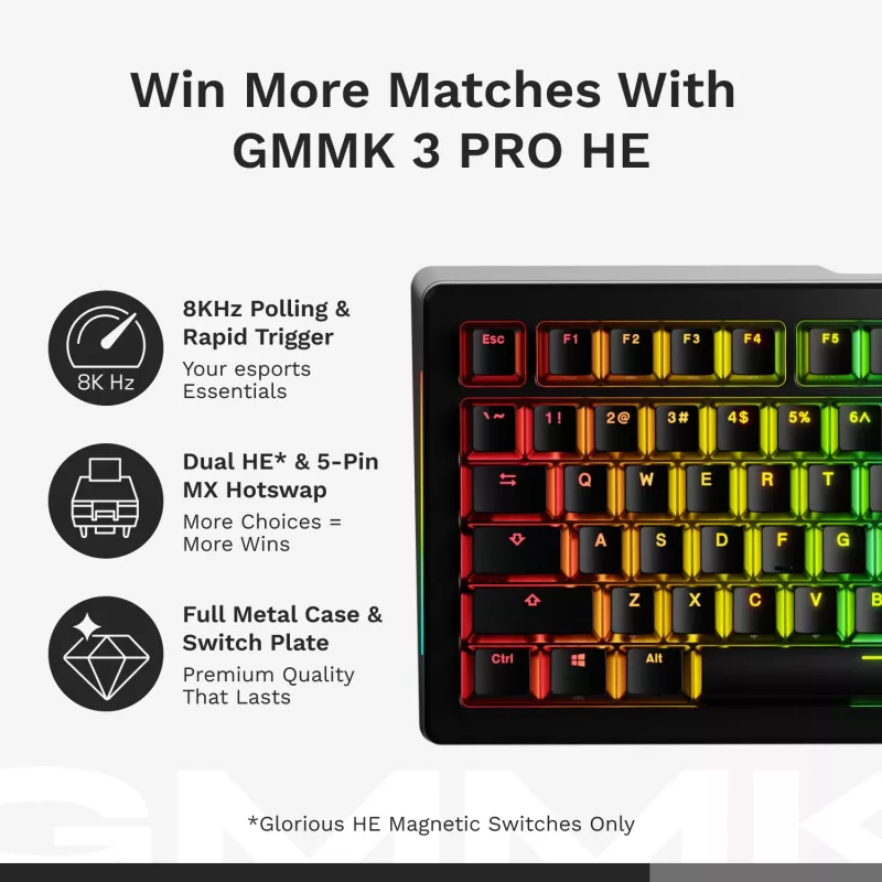 Mechaninė žaidimų klaviatūra GLORIOUS GMMK 3 PRO HE 75% belaidė RF + Bluetooth, RGB, US QWERTY, juoda