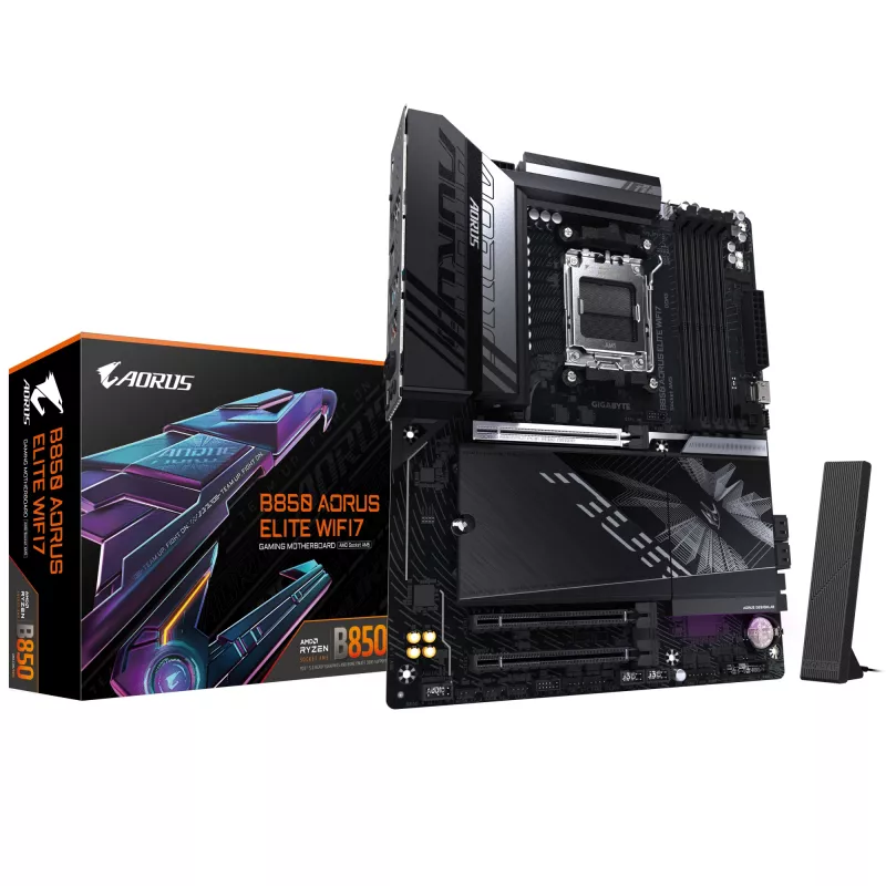 Motininė plokštė GIGABYTE B850 AORUS ELITE WIFI7 — AMD B850, Socket AM5, ATX, DDR5, 4x DIMM, 256 GB, Wi‑Fi 7, 2.5Gb LAN