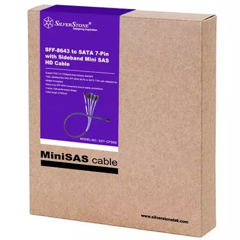 Laidas Silverstone CPS05 0,5 m Mini-SAS SFF-8643 į SATA 7 kontaktų
