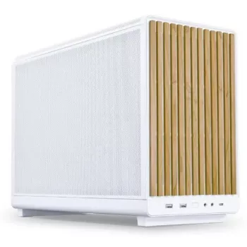 PC korpusas Lian Li A3-mATX Micro Tower baltas su mediniais akcentais – Micro-ATX/Mini-ITX, ATX/SFX/SFX-L maitinimo šaltinio palaikymas