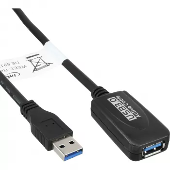InLine USB3.2 Gen.1 aktyvus kartotuvinis kabelis, A tipo kištukas / lizdas, juodas, 5 m