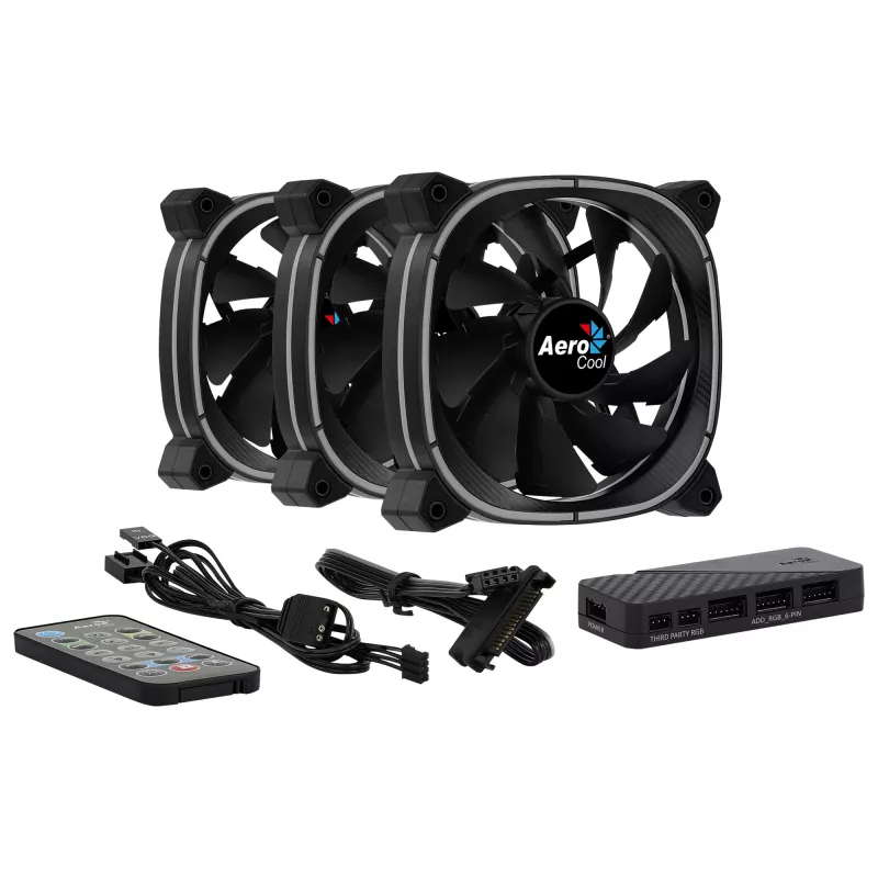 Aerocool ASTRO12PRO rinkinys 3 ventiliatoriai PC 12cm LED RGB antivibraciniai nuotolinio valdymo pultelis