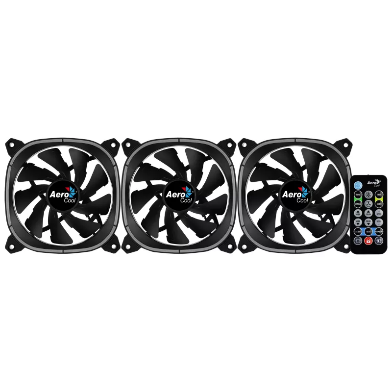 Aerocool ASTRO12PRO rinkinys 3 ventiliatoriai PC 12cm LED RGB antivibraciniai nuotolinio valdymo pultelis