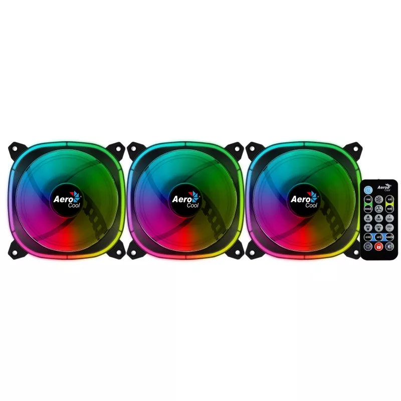 Aerocool ASTRO12PRO rinkinys 3 ventiliatoriai PC 12cm LED RGB antivibraciniai nuotolinio valdymo pultelis