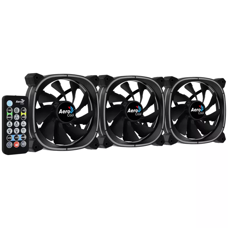 Aerocool ASTRO12PRO rinkinys 3 ventiliatoriai PC 12cm LED RGB antivibraciniai nuotolinio valdymo pultelis