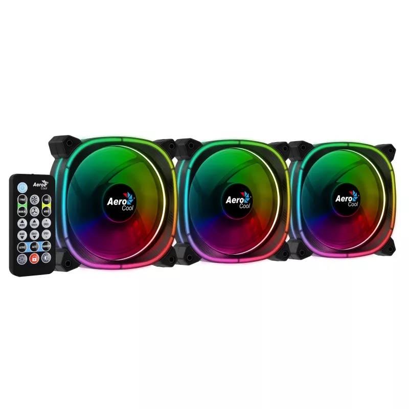 Aerocool ASTRO12PRO rinkinys 3 ventiliatoriai PC 12cm LED RGB antivibraciniai nuotolinio valdymo pultelis