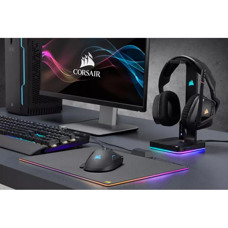 Ausinių stovas CORSAIR ST100 RGB Premium su 7.1 virtualiu garsu ir dvigubais USB 3.1 prievadais