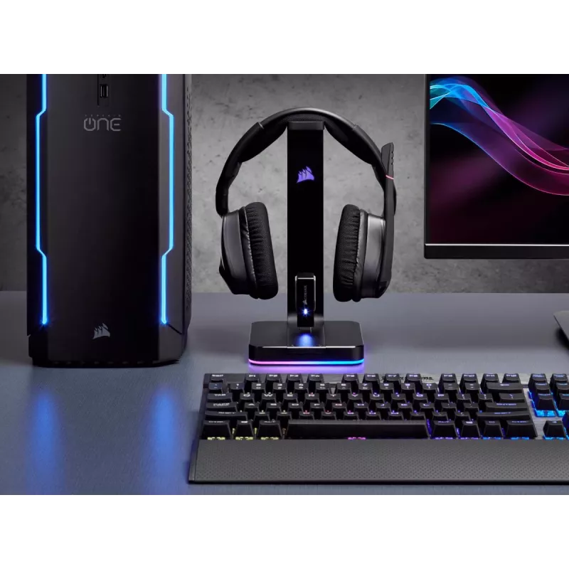 Ausinių stovas CORSAIR ST100 RGB Premium su 7.1 virtualiu garsu ir dvigubais USB 3.1 prievadais