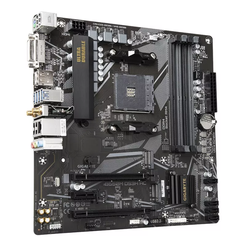GIGABYTE B550M DS3H AC pagrindinė plokštė – AMD Ryzen 5000, 5+3 fazių VRM, iki 4733MHz DDR4, 1xPCIe 4.0 + 1xPCIe 3.0 M.2, Wi-Fi 5, 1GbE LAN, USB 3.2 Gen 1