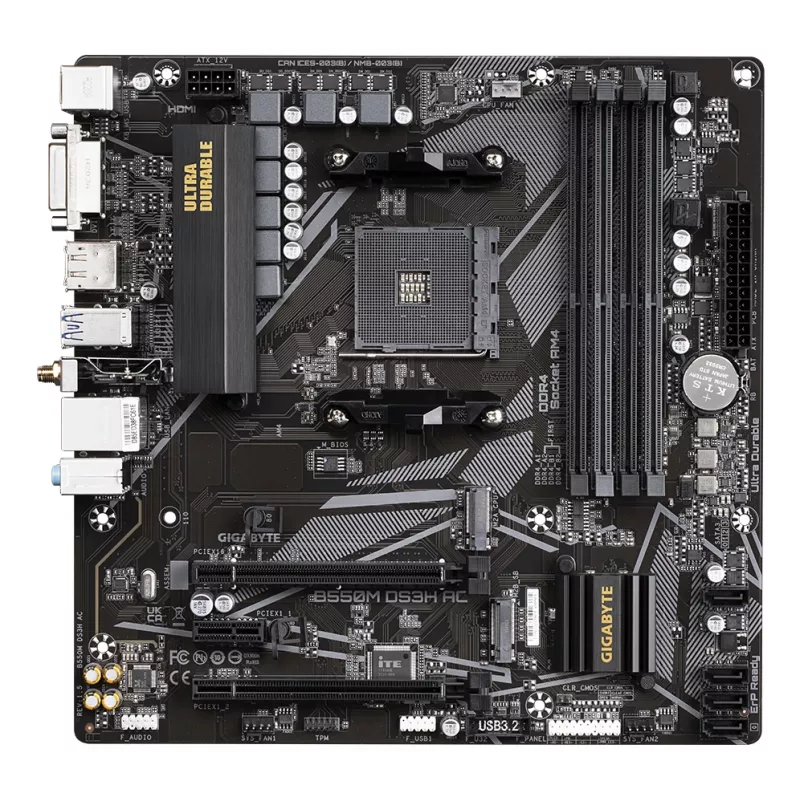 GIGABYTE B550M DS3H AC pagrindinė plokštė – AMD Ryzen 5000, 5+3 fazių VRM, iki 4733MHz DDR4, 1xPCIe 4.0 + 1xPCIe 3.0 M.2, Wi-Fi 5, 1GbE LAN, USB 3.2 Gen 1