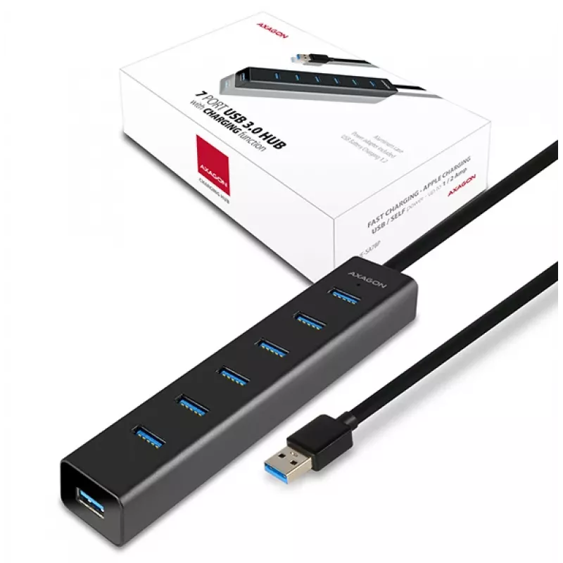 Axagon HUE-SA7BP 7x USB 3.0 ALU ĮKROVIMO stotelė JUODA su maitinimo adapteriu