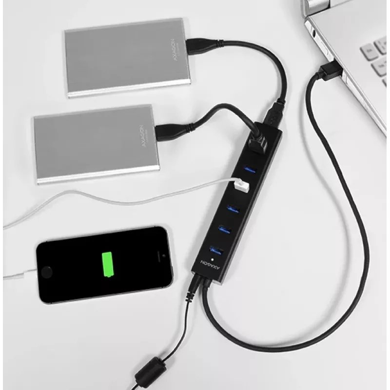 Axagon HUE-SA7BP 7x USB 3.0 ALU ĮKROVIMO stotelė JUODA su maitinimo adapteriu