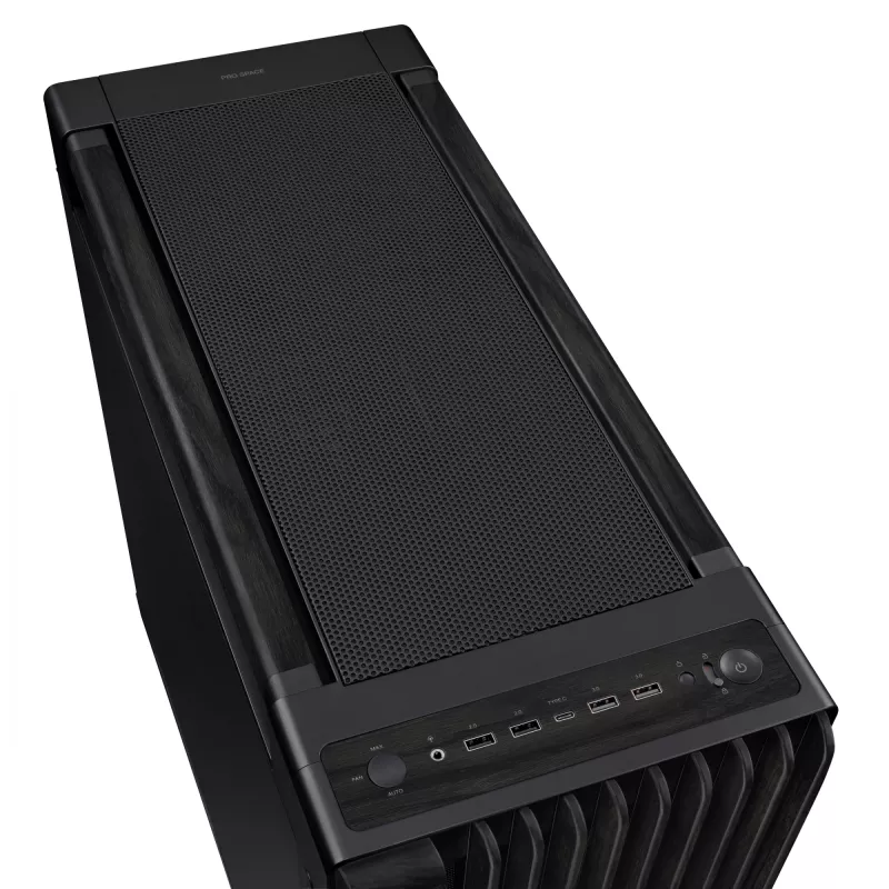 ASUS ProArt PA602 Wood Edition vidutinio dydžio kompiuterio korpusas, E-ATX, vaizdo plokštė iki 450 mm, procesoriaus aušintuvas iki 190 mm, 4 × 3,5" + 4 × 2,5" skyriai, USB-C, juodas