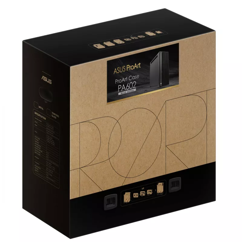 ASUS ProArt PA602 Wood Edition vidutinio dydžio kompiuterio korpusas, E-ATX, vaizdo plokštė iki 450 mm, procesoriaus aušintuvas iki 190 mm, 4 × 3,5" + 4 × 2,5" skyriai, USB-C, juodas