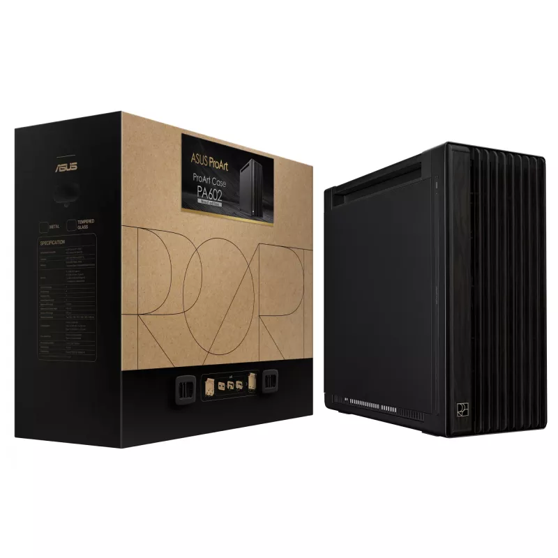 ASUS ProArt PA602 Wood Edition vidutinio dydžio kompiuterio korpusas, E-ATX, vaizdo plokštė iki 450 mm, procesoriaus aušintuvas iki 190 mm, 4 × 3,5" + 4 × 2,5" skyriai, USB-C, juodas