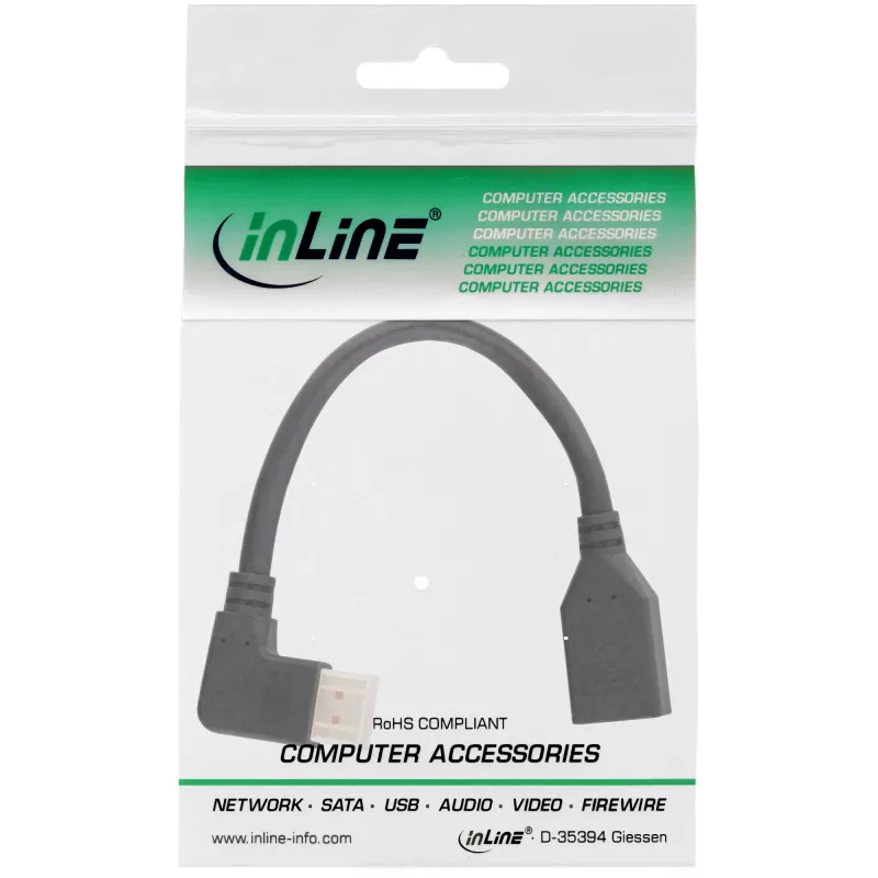 InLine DisplayPort 1.4 adapterio laidas M/F, 8K4K, kairėn lenktas, juodas/auksinis, 0,15 m