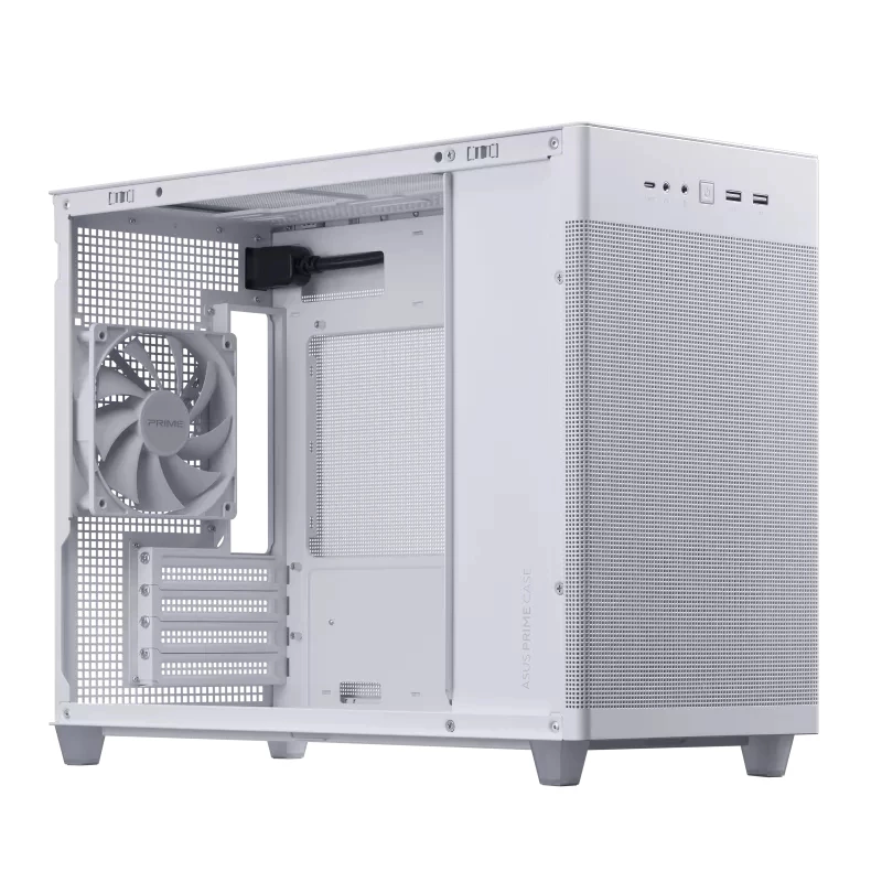 ASUS AP201 PRIME CASE TG WHITE Mini Tower korpusas — micro ATX, grūdintas stiklas, 3×3,5 colio vietos, 1×2,5 colio, USB-A×2, USB-C×1