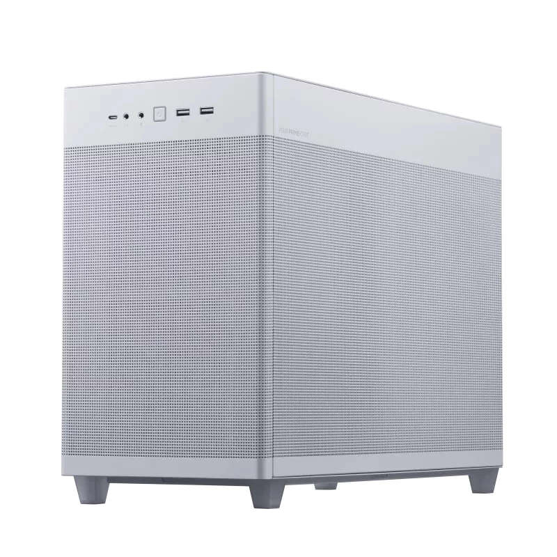 ASUS AP201 PRIME CASE TG WHITE Mini Tower korpusas — micro ATX, grūdintas stiklas, 3×3,5 colio vietos, 1×2,5 colio, USB-A×2, USB-C×1