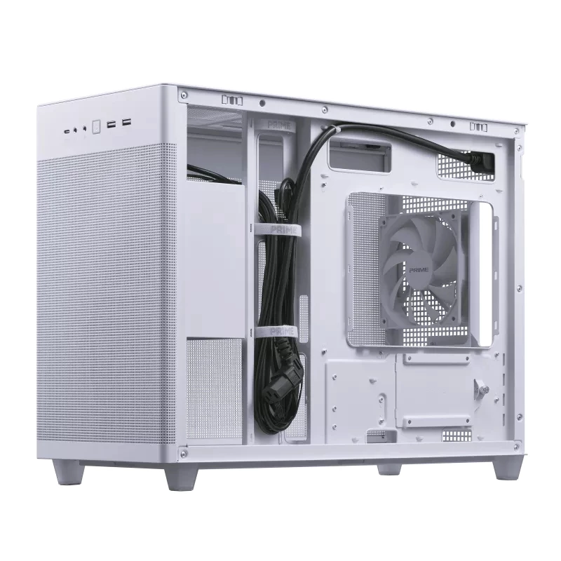 ASUS AP201 PRIME CASE TG WHITE Mini Tower korpusas — micro ATX, grūdintas stiklas, 3×3,5 colio vietos, 1×2,5 colio, USB-A×2, USB-C×1