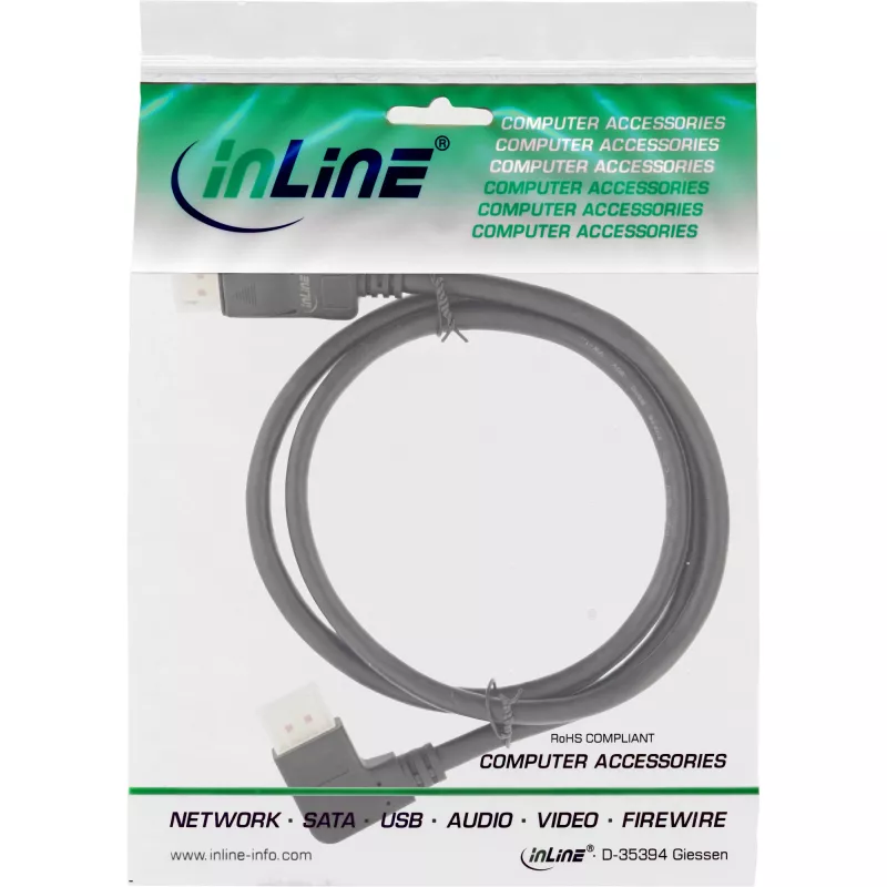 InLine DisplayPort 1.4 kabelis, 8K4K, kairėn lenktas, juodas/auksinis, 3 m