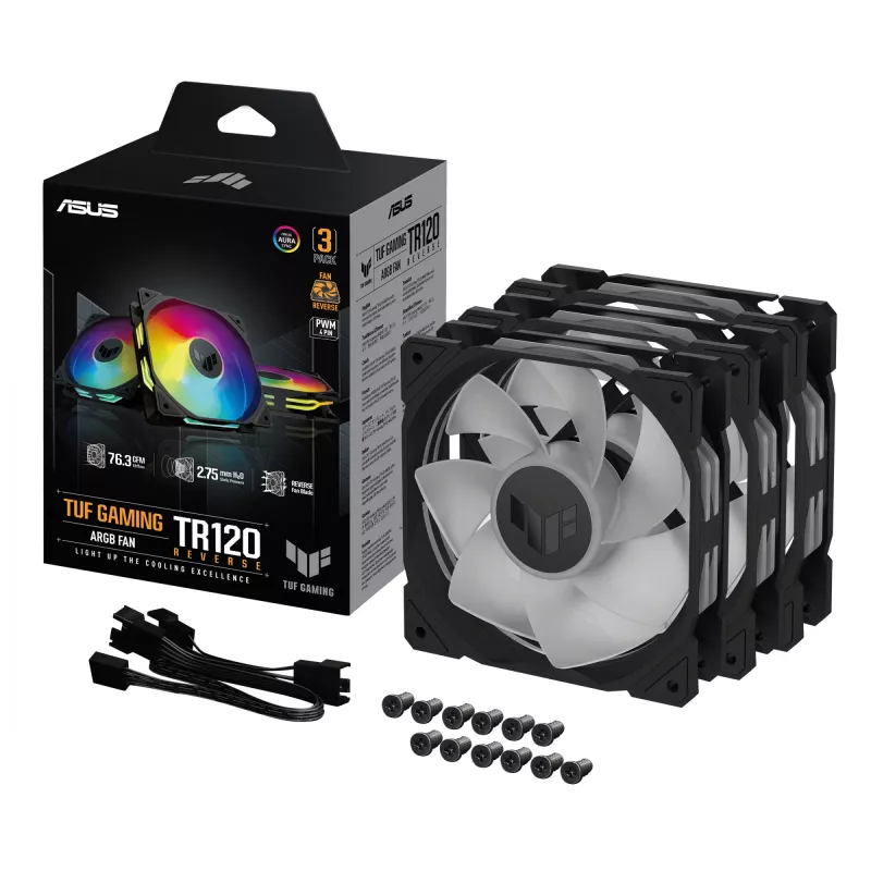 Ventiliatorius ASUS TUF Gaming TR120 ARGB Reverse Triple Pack — 3×120 mm, 2200 RPM, PWM, 2.75 mmH2O, 16 LED, Juodas