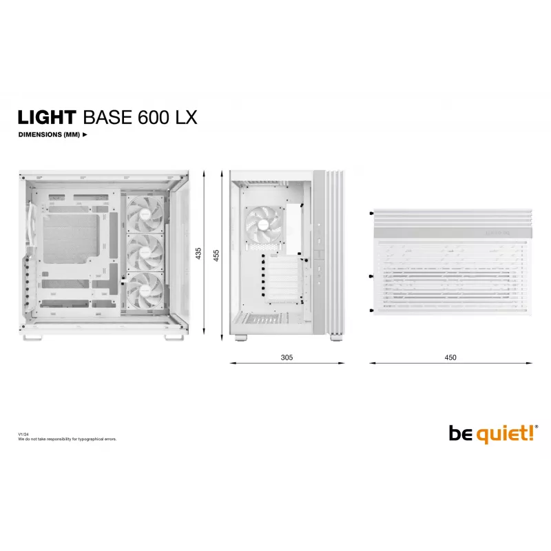 Korpusas be quiet! LIGHT BASE 600 LX White Midi Tower – ATX, šoninis langas, ARGB priekis, USB-C, palaiko 360 mm radiatorių