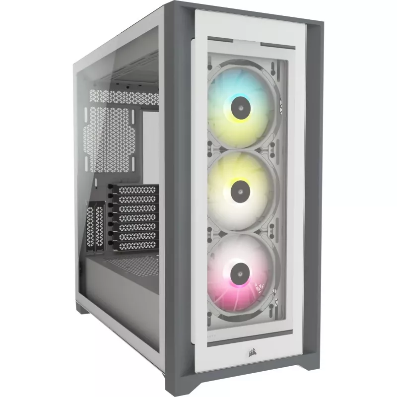 CORSAIR iCUE 5000X RGB – Baltas vidutinis bokštinis kompiuterio korpusas su grūdintu stiklu