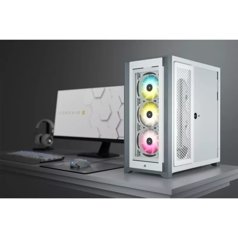CORSAIR iCUE 5000X RGB – Baltas vidutinis bokštinis kompiuterio korpusas su grūdintu stiklu