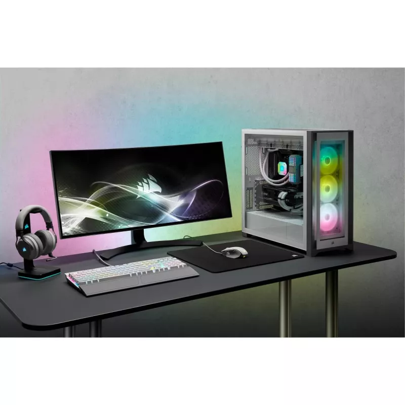 CORSAIR iCUE 5000X RGB – Baltas vidutinis bokštinis kompiuterio korpusas su grūdintu stiklu