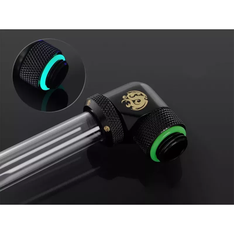 BitsPower BP-MBE90RML žalvarinis 90° sukamasis adapteris skysčio aušinimui, 1/4 colio sriegis, juodas