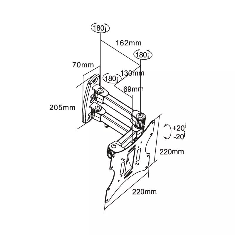 Sieninis laikiklis InLine TFT/LED/Plasma 58–107 cm (23–42 col.) pasukamas/palenkiamas, VESA 100x100–200x200, max 30 kg, juodas