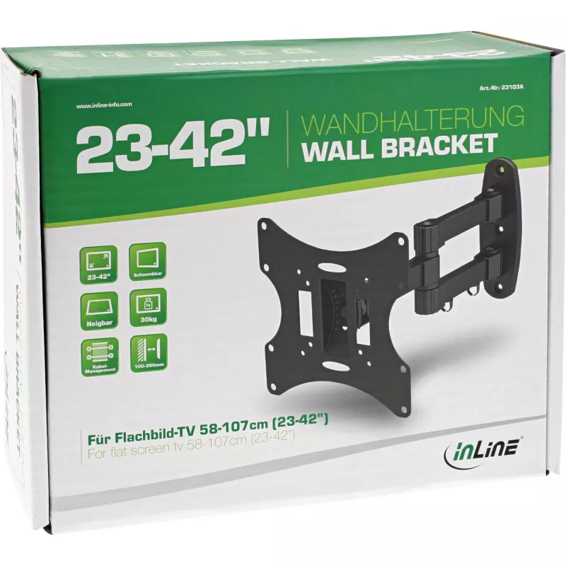 Sieninis laikiklis InLine TFT/LED/Plasma 58–107 cm (23–42 col.) pasukamas/palenkiamas, VESA 100x100–200x200, max 30 kg, juodas