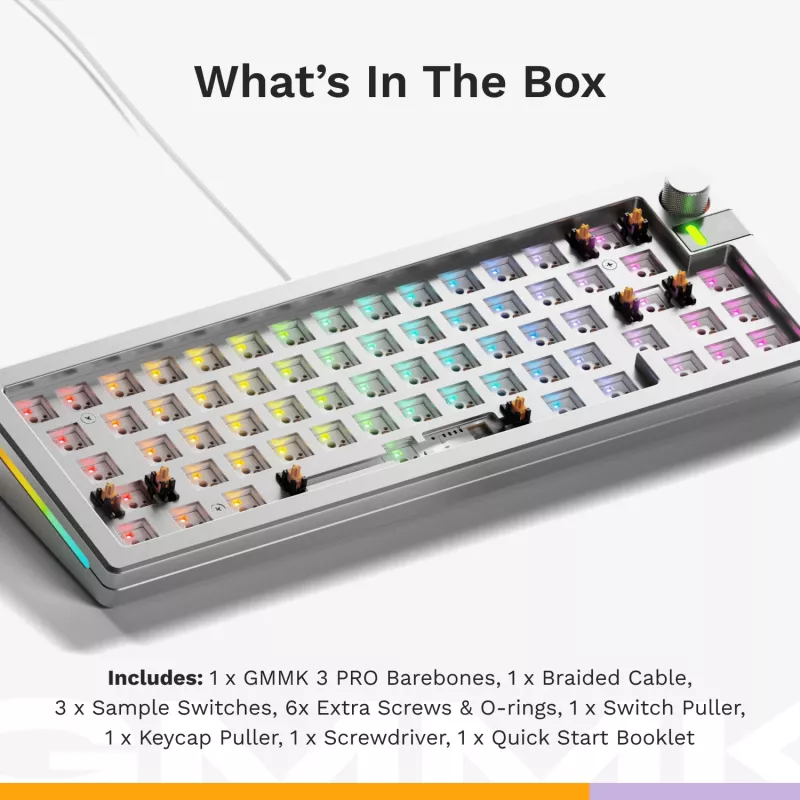 Mechaninė klaviatūra GLORIOUS GMMK 3 PRO 65% Barebones Wired Silver — 65% USB RGB, 2 m laidas