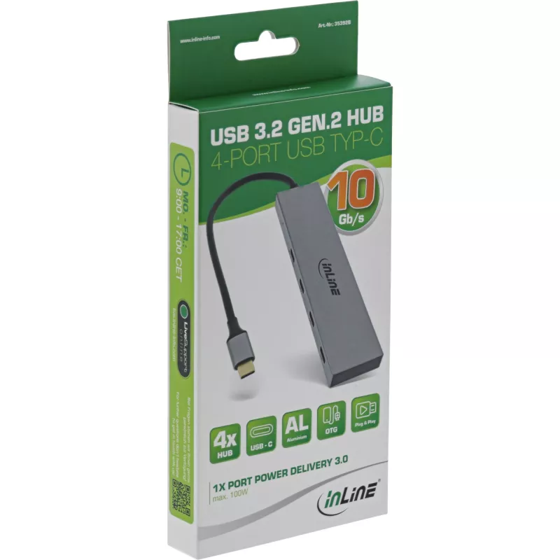 InLine USB 3.2 Gen.2 4 prievadų USB-C šakotuvas, aliumininis korpusas, OTG, 10 Gb/s