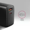 AXAGON ACU-PQ45 USB-C/USB-A 45W GaN greitasis įkroviklis (QC 3.0/4+, PD 3.0, PPS, AFC, FCP, SFC) juodas