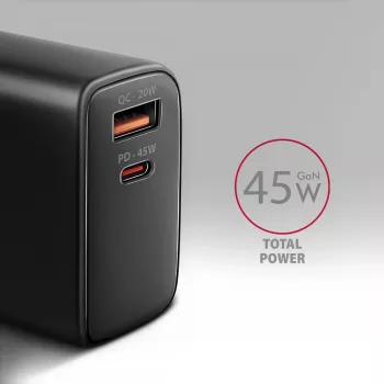 AXAGON ACU-PQ45 USB-C/USB-A 45W GaN greitasis įkroviklis (QC 3.0/4+, PD 3.0, PPS, AFC, FCP, SFC) juodas