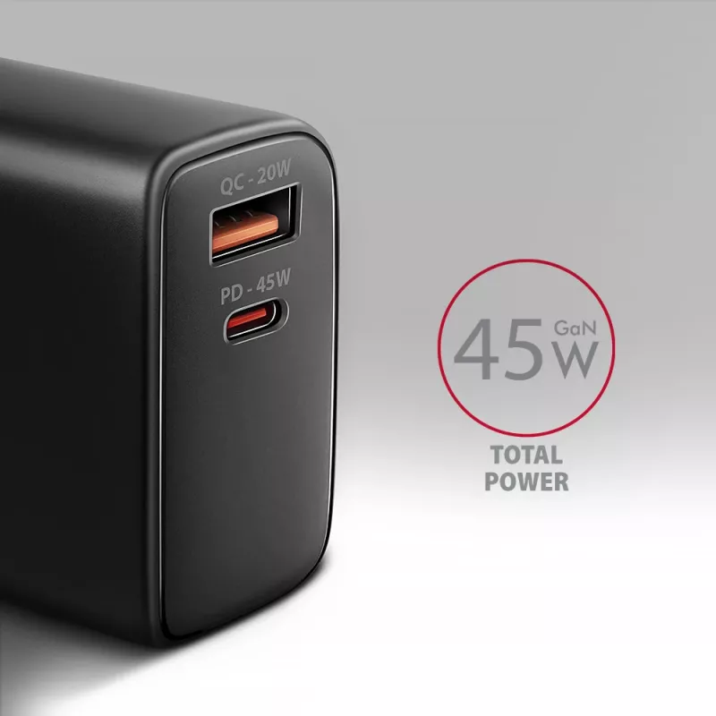 AXAGON ACU-PQ45 USB-C/USB-A 45W GaN greitasis įkroviklis (QC 3.0/4+, PD 3.0, PPS, AFC, FCP, SFC) juodas