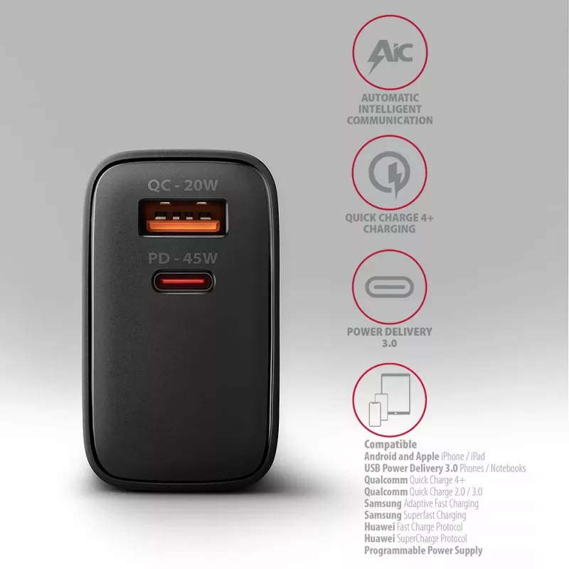 AXAGON ACU-PQ45 USB-C/USB-A 45W GaN greitasis įkroviklis (QC 3.0/4+, PD 3.0, PPS, AFC, FCP, SFC) juodas