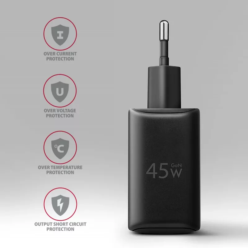 AXAGON ACU-PQ45 USB-C/USB-A 45W GaN greitasis įkroviklis (QC 3.0/4+, PD 3.0, PPS, AFC, FCP, SFC) juodas