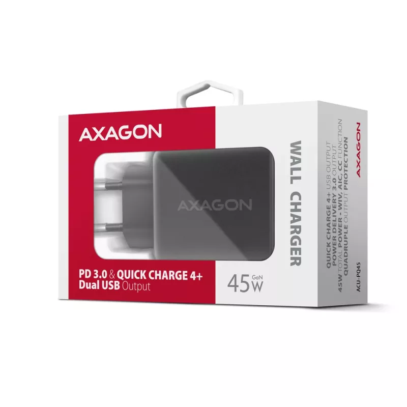 AXAGON ACU-PQ45 USB-C/USB-A 45W GaN greitasis įkroviklis (QC 3.0/4+, PD 3.0, PPS, AFC, FCP, SFC) juodas