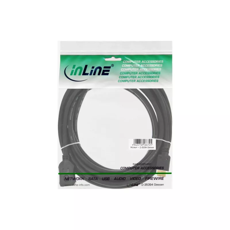 InLine HDMI ilginimo laidas, High Speed HDMI, M/F, juodas, paauksuoti kontaktai, 3 m