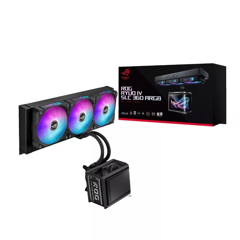 Skysčio aušintuvas ASUS ROG Ryuo IV SLC 360 ARGB — 120 mm ventiliatoriai, 360 mm radiatorius, juodas