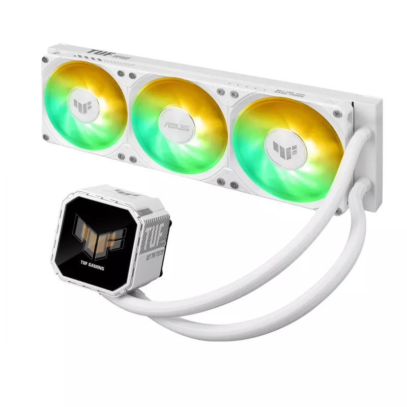 All-in-one skysčio aušintuvas ASUS TUF Gaming LC III 360 ARGB LCD White Edition – 360 mm radiatorius, 3×120 mm PWM ventiliatoriai, LCD ekranas, balta