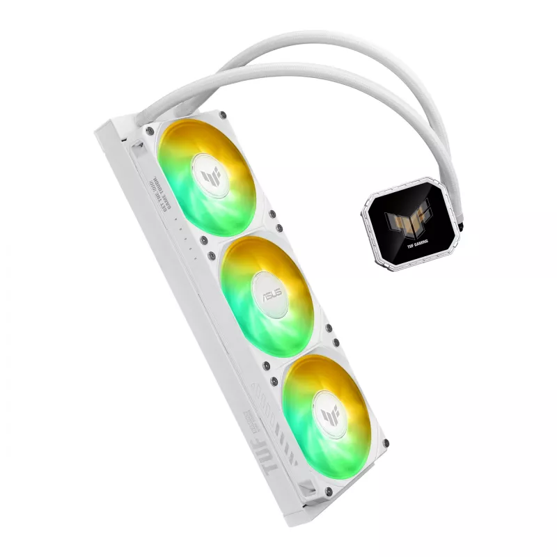 All-in-one skysčio aušintuvas ASUS TUF Gaming LC III 360 ARGB LCD White Edition – 360 mm radiatorius, 3×120 mm PWM ventiliatoriai, LCD ekranas, balta