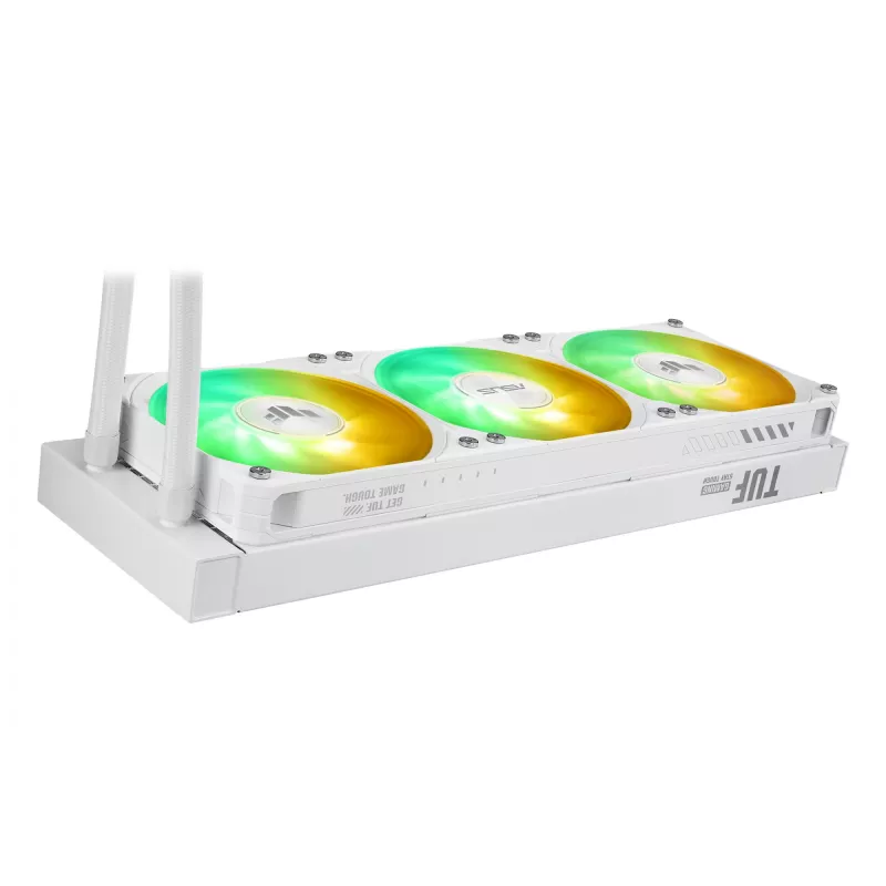 All-in-one skysčio aušintuvas ASUS TUF Gaming LC III 360 ARGB LCD White Edition – 360 mm radiatorius, 3×120 mm PWM ventiliatoriai, LCD ekranas, balta
