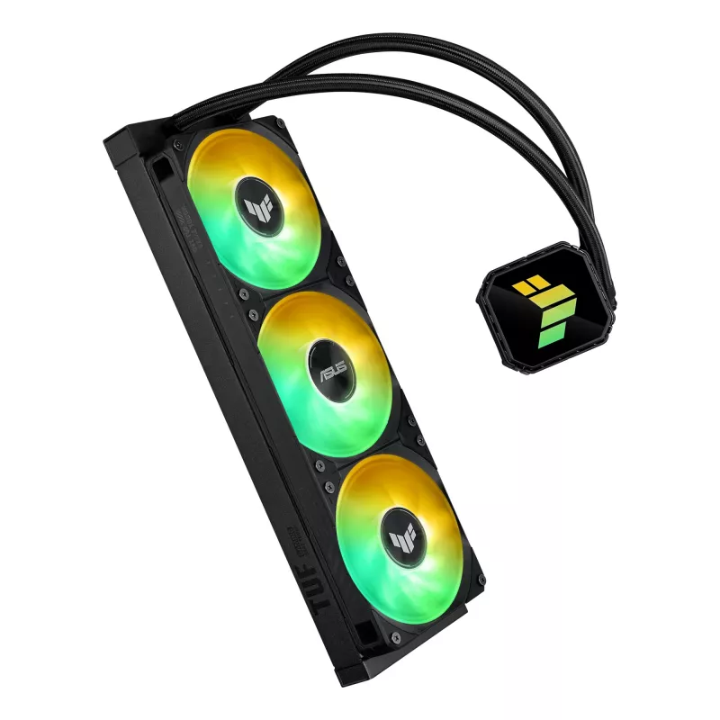 Vandens aušintuvas ASUS TUF GAMING LC III 360 ARGB — 120 mm ventiliatoriai, palaiko AM4/LGA1200/LGA1700/AM5, Juoda